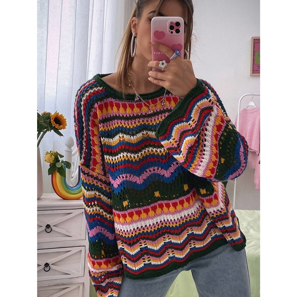 Chevron Pattern Open Knit rainbow stripe Drop Shoulder Sweater 70s style crochet - Picture 2 of 7